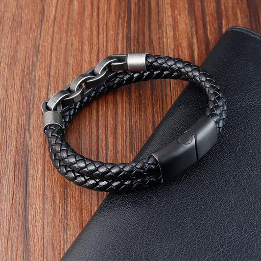 Stainless Steel Faux Leather Vintage Chain Bracelet