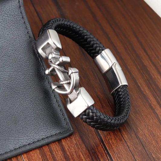 Stainless Steel Genuine Faux Leather Gothic Bracelet