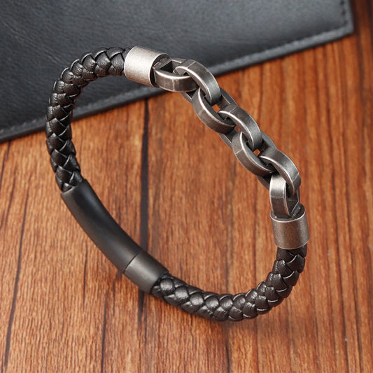 Stainless Steel Faux Leather Vintage Chain Bracelet