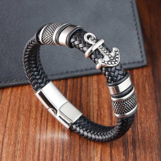 Stainless Steel Faux Leather Anchor Bracelet