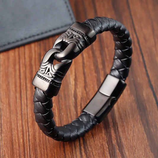 Stainless Steel Genuine Faux Leather Braided Bracelet