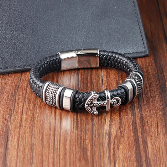 Stainless Steel Faux Leather Anchor Bracelet